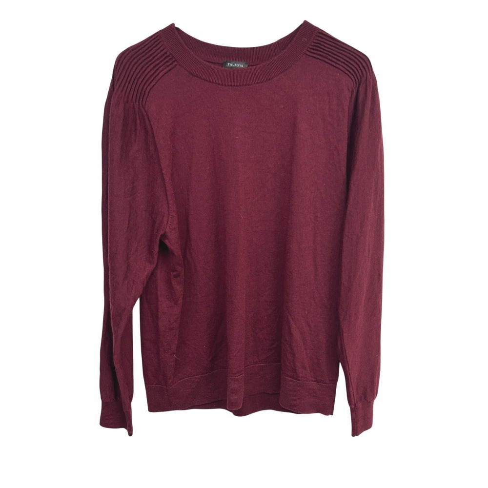 Talbots Pure Merino Wool Pleated Shoulder Sweater Large Burgundy Quiet Luxury